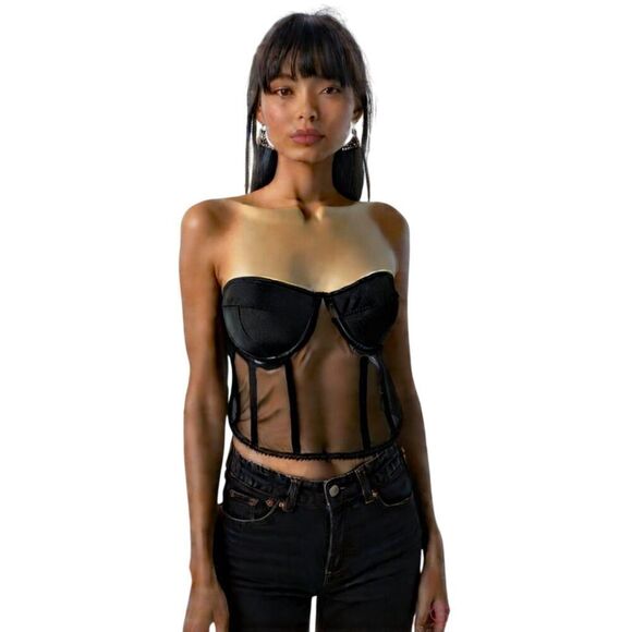 Black Sheer Lace Up Back Corset Size L - Picture 1 of 5